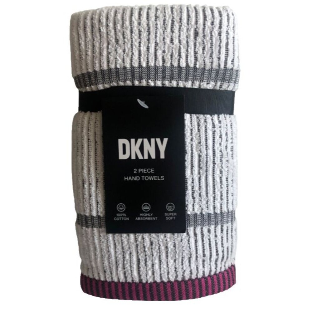 DKNY Hand Towels Stripe Bathroom White Black Pink Absorbent 100% Cotton Set of 2